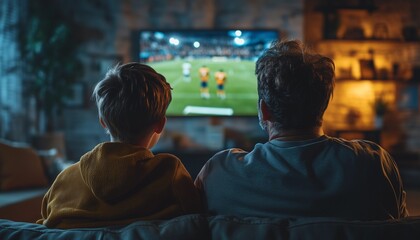Rear shot of father and son sitting on the sofa watching a football match on television in the evening