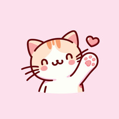 A cartoon cat with light orange stripes on its head waves with a heart floating next to it