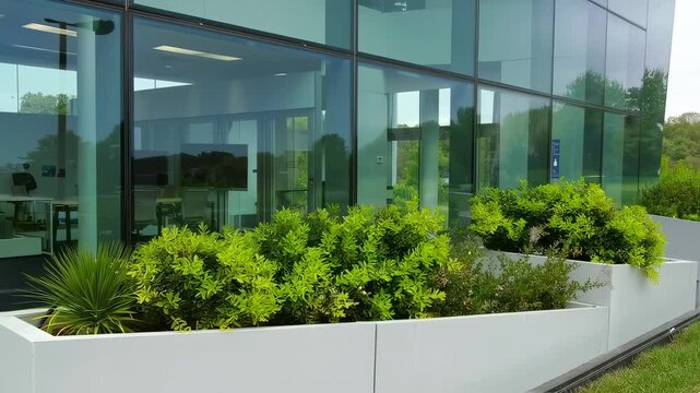 Contemporary corporate architecture design with greenery planters and modern glass facade