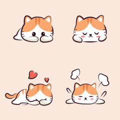 A set of four cartoon gingerandwhite cats in different poses on a light pink background