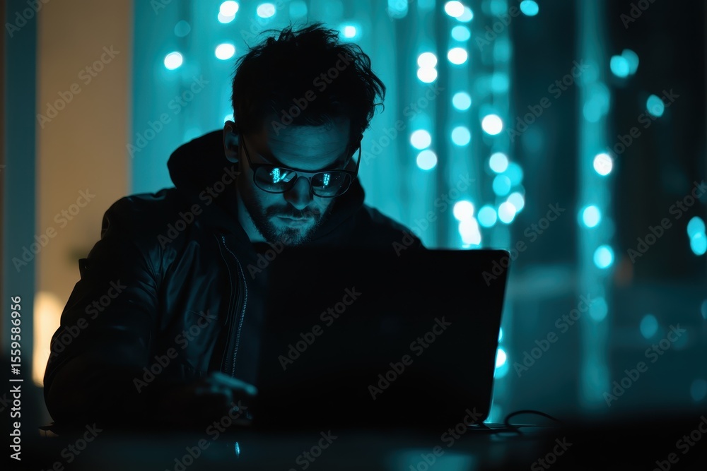 Poster obfuscated identity hacker working intensely on a laptop in a dimly lit room with blue lights, obfus