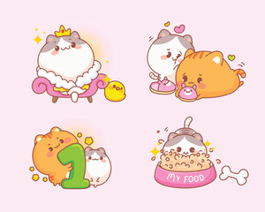 Cartoon of cats in four different scenes on a pale pink background