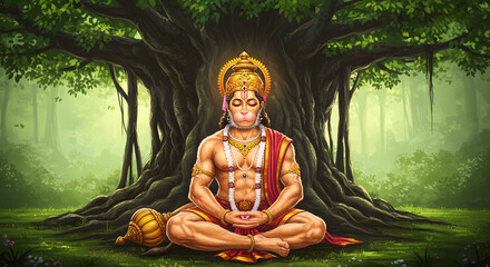A serene depiction of Hanuman meditating peacefully beneath a large, ancient tree, surrounded by lush greenery.
