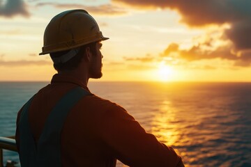 Oil worker watches as the sun sets over the ocean while taking a break from work offshore, Oil worker looking out over the ocean at sunset