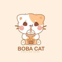 Cute cat drinking boba tea with straw round face brown eyes paws light background