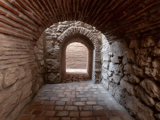 Obraz premium Walking Through Ancient Brick Tunnel with Archway and Cobblestone Floor