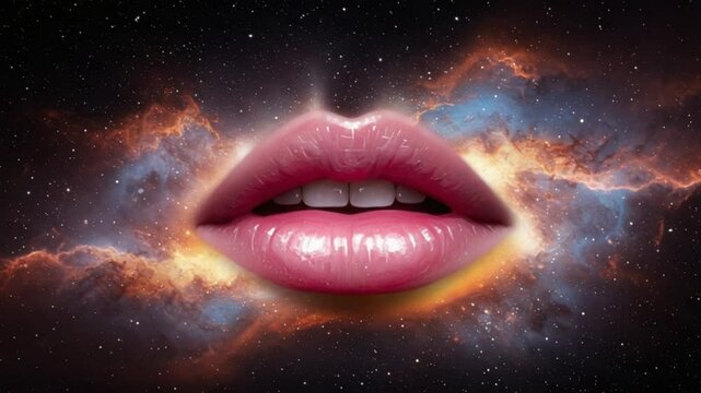 A pair of pink lips open in the vastness of space