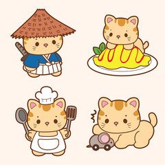 Four kawaii cats dressed as a samurai with food a chef and a toy mouse