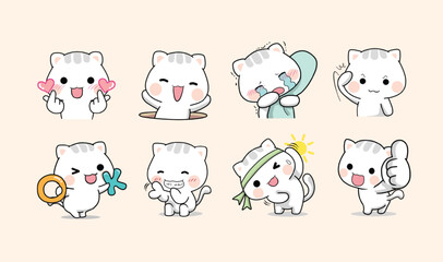 Eight cute white cat cartoon images show different emotionsactivities on a lightbeige backdrop