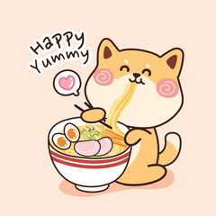 Shiba Inu enjoying ramen with text Happy Yummy and heartshaped thought bubble