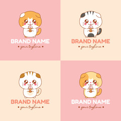 Four cute cat logos with text on pastel backgrounds