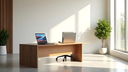 Modern office interior with natural lighting, large wooden desk, ergonomic chair, laptop open, potted plant in the corner, minimal Scandinavian deco.