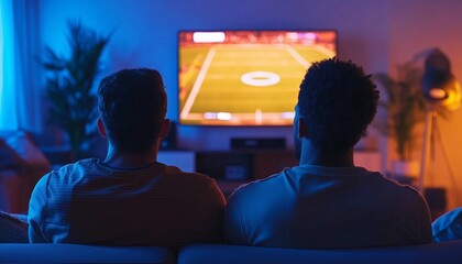 Rear shot of father and son sitting on the sofa watching a football match on television in the evening