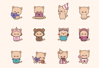 Twelve cute cartoon kittens each with unique accessories or outfits arranged in a grid on a soft pink background