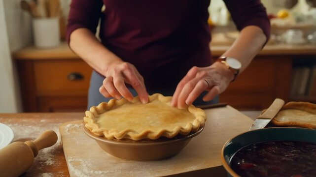 Woman making a delicious cherry pie in cozy kitchen