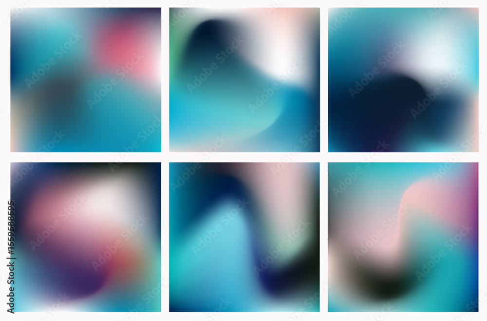 Fototapete Trendy vector illustration in soft gradient mesh style. Abstract square backgrounds feature smooth blends of blue, pink, teal, and purple hues with fluid, organic shapes and dreamy light effects.