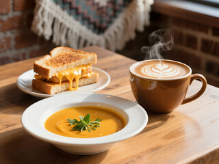 A steaming bowl of pumpkin soup, a gooey grilled cheese sandwich, and a latte with art sit on a wooden table, evoking a cozy autumn cafe atmosphere.
