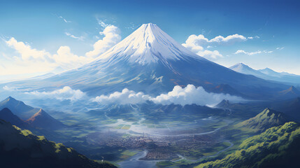 Fototapeta premium Aerial view of Mount Fuji with snow-covered peak and surrounding clouds.