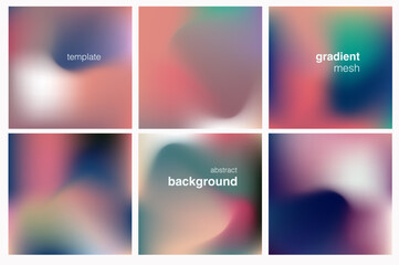 Vector illustration in trendy gradient mesh style: six square abstract backgrounds with soft, blended shapes in pink, blue, purple, green and white. Modern minimal design.