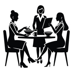 Silhouette of women working together over a business lunch, sharing ideas, papers, and laptops—teamwork and collaboration in a professional setting.
