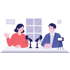 Host Live Illustration. Vector illustration of A duo records a podcast with microphones and camera in a home studio setting. Isolated on background