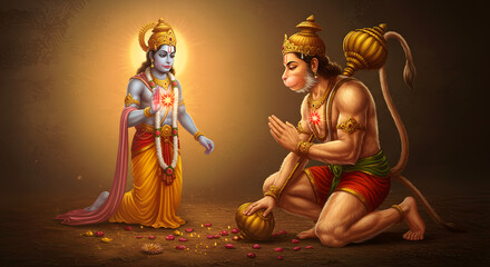 Illustration of Hanuman kneeling before Rama, in a devotional pose, with scattered flower petals.