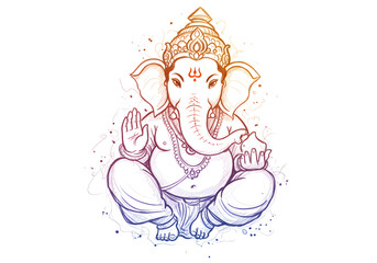 Obraz premium Illustration of Lord Ganesha in a seated pose, with intricate details and a gradient color scheme.