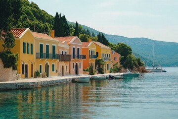 Obraz premium Exploring the colorful waterfront homes of Kefalonia in the Ionian Sea during a sunny summer day, Greece ionian sea island Kefalonia beautiful vacation landscape
