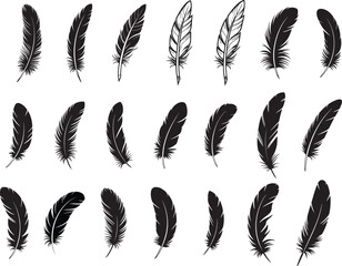 Feather Silhouette Vector Set – Quill, Plume, and Pen Icons Feathers vector set in a flat style. Pen icon. Black quill feather silhouette. Plumelet collection isolated on white background 