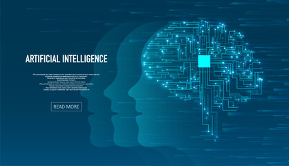 Artificial Intelligence illustration of brain. Machine learning concept. Abstract glowing brain connections. Particles liquid dynamic flow. Graphic concept for your design
