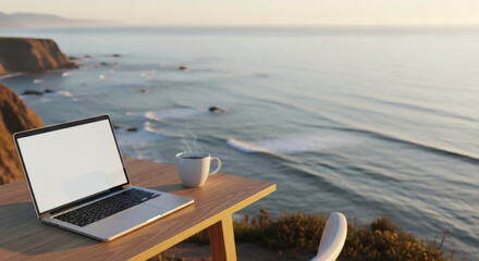Laptop and Coffee Cup on Wooden Table by Ocean.