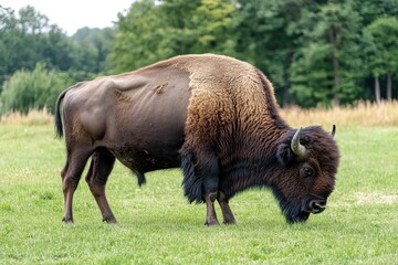 Fototapeta premium Bison grazing close up in a serene meadow surrounded by trees, Close up view of a bison grazing