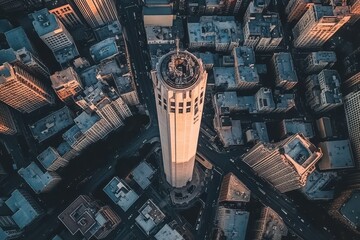 Aerial view showcases San Francisco's Coit Tower amidst urban landscape at sunset, Aerial view of San Francisco and the Coit Tower