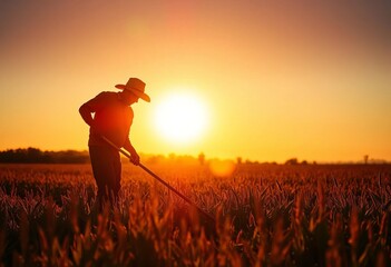 Fototapeta premium Silhouetted figure working a sun-drenched field at sunset, agrarian, landscape photography