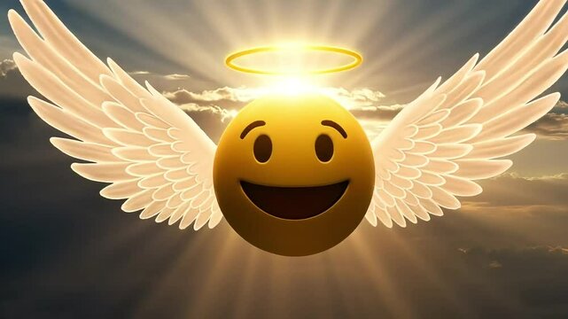 A smiling emoji with angel wings floats on a background of shining sky and soft clouds, illuminated by golden sunlight. A whimsical and divine concept