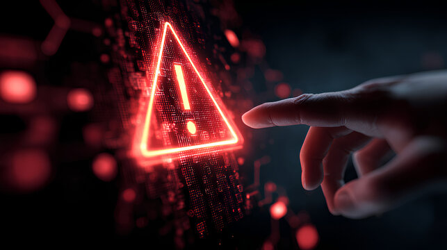 System warning alert on virtual interface with hand interaction. Concept of cybersecurity risk, data breach, malware, hacking, IT failure, and digital system vulnerability in modern technology. - Powered by Adobe