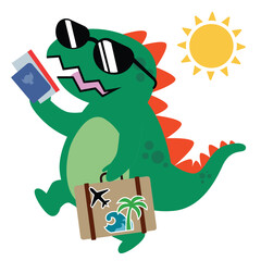 Cute dino green travel to summer holiday flat drawing. Dinosaur summer beach vacation cartoon drawing
