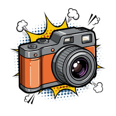 Pop art illustration of an orange camera with comic book design  