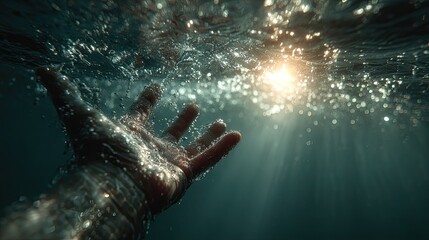 Hand underwater reaching toward glowing light representing freedom, drowning metaphor, or surreal dream concept