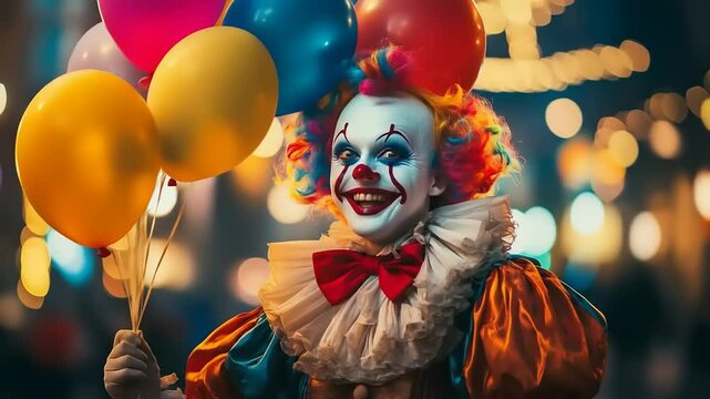 Smiling clown with balloons, and night city.