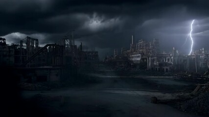 Lightning strikes crumbling industrial wasteland at night - Powered by Adobe