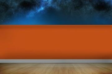 Flat design interior is featuring polished hardwood floor and orange wall with cosmic nebula mural