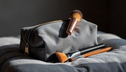 Naklejka premium Speckled Grey Cosmetic Bag with Makeup Brush SetStylish Grey Makeup Bag Paired with Professional Brush SetModern Speckled Cosmetic Pouch with Essential Makeup BrushesTravel-Friendly Grey Makeup 