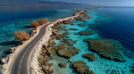 Scenic coastal road winding through turquoise waters and coral reefs