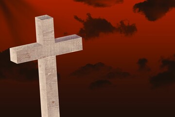 Weathered wooden cross is standing against dramatic red-orange sky in flat design