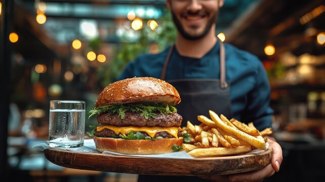 Delicious Meal with Smile: A smiling attendant presents a mouthwatering burger and fries, complemented by a refreshing glass of water. The inviting scene captures the warmth of a culinary experience. - Powered by Adobe