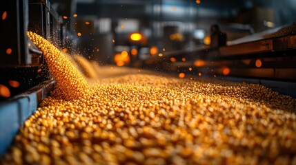 Golden Harvest: A detailed shot captures the golden abundance of a raw grain, pouring and amassing. It showcases the essence of harvest season.