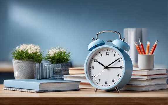 Desk scene with alarm clock and books