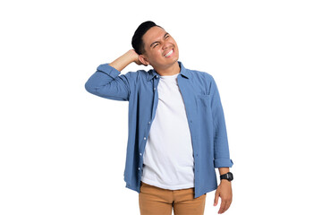 Doubtful young Asian man in casual shirt scratching head, thinking, trying to find solution...