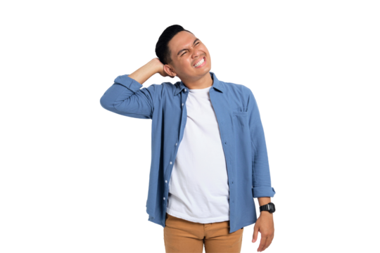 Doubtful young Asian man in casual shirt scratching head, thinking, trying to find solution isolated on transparent background - Powered by Adobe